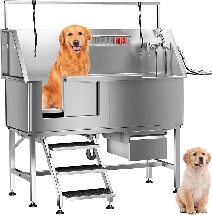 Dog Washing Station 46" Dog Grooming Tub with Left Stair& Faucet, Stainless Steel Dog Bathing Station for Home,Dog Bathtub for Large,Medium,Small Pets