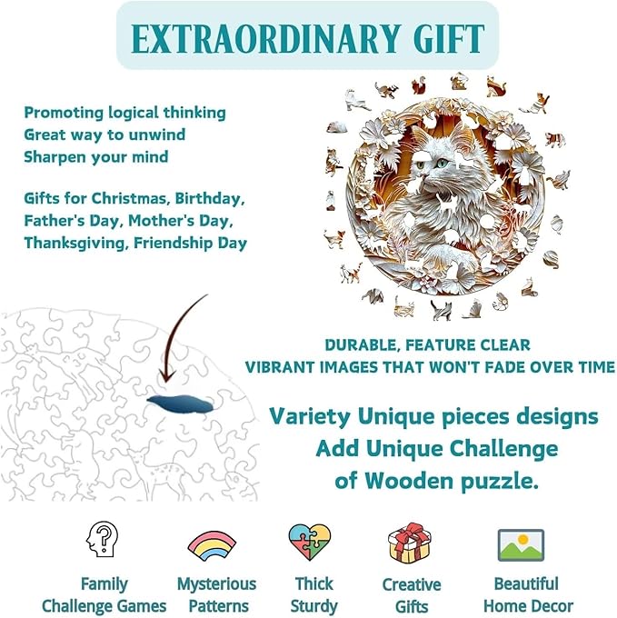 Wooden Puzzles Adults, 3D Cute Cat Wooden Puzzles 300 Pieces, Unique Animal Shaped Wood Challenging Jigsaw Puzzles Gifts for Adults, 13.4x13.4in