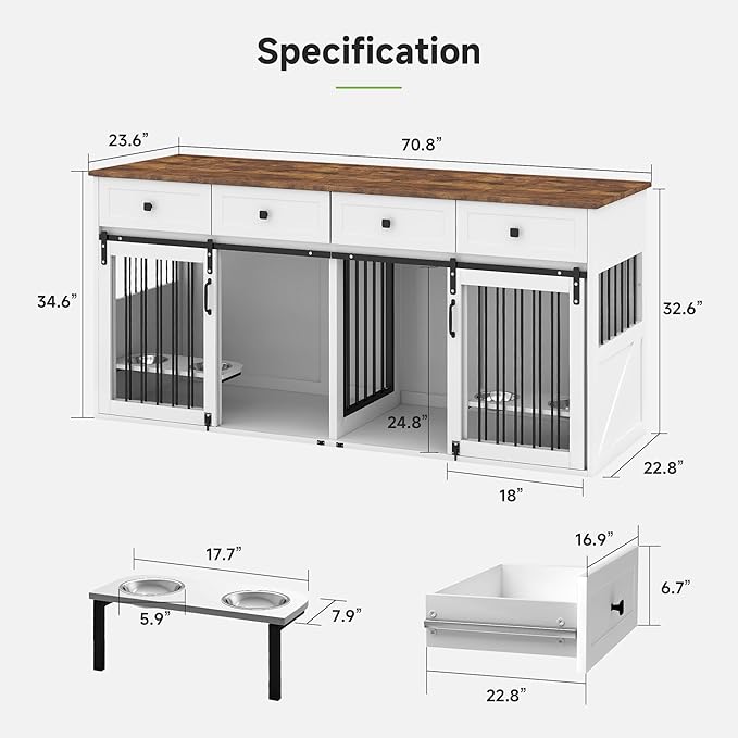 Real Relax 71” Large Dog Crate Furniture for 1 or 2 Dogs with Sliding Door, Heavy Duty Dog Kennel Furniture for Small/Medium Dogs with 4 Bowls, Dog Cage with Steel Frame, White