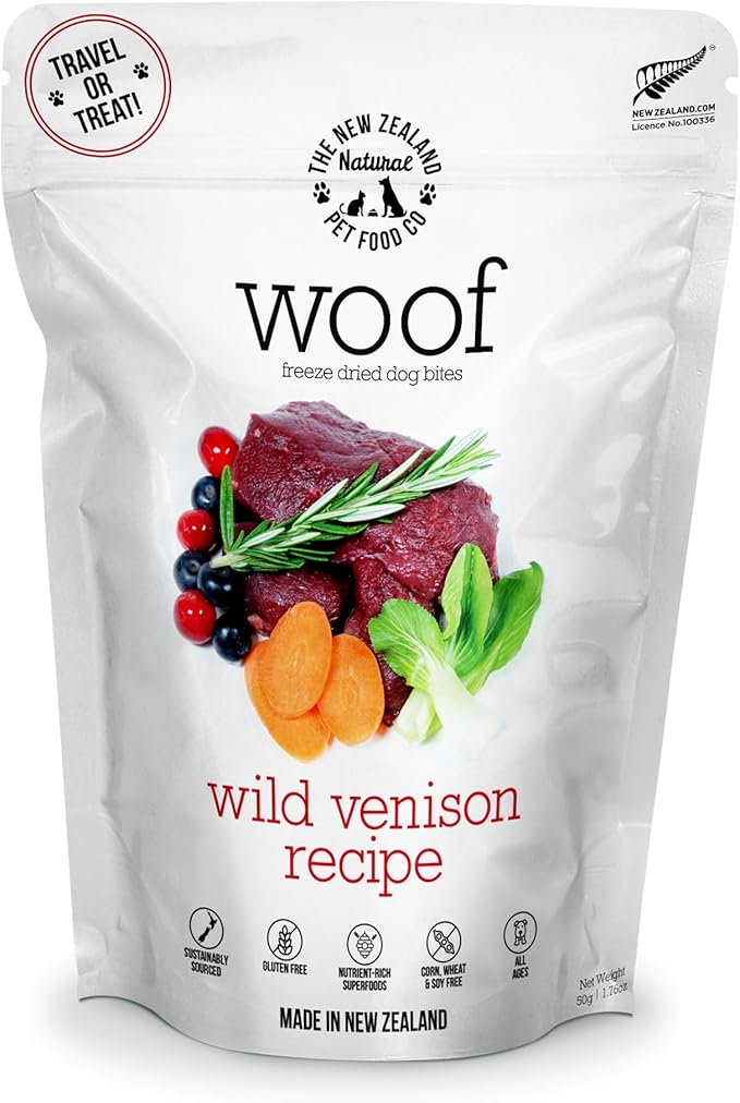 The New Zealand Natural Pet Food Co Woof Freeze Dried Dog Food - Wild Venison, High Protein, Dog Food Topper & Dog Treats, All Life Stages, 1.76 oz