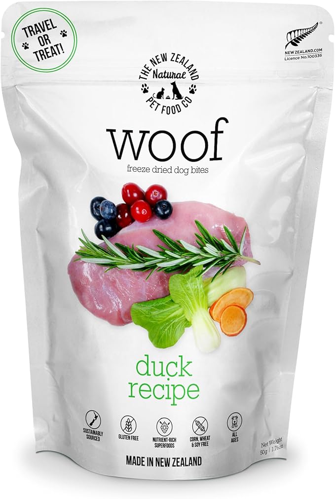 The New Zealand Natural Pet Food Co. Woof Freeze Dried Dog Food - Duck Recipe, High Protein, Complete Diet, Dog Treats, All Life Stages - 1.76 oz