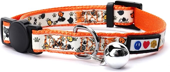 Pawtitas Glow in The Dark Cat Collar with Breakaway Safety Buckle & Bell Adjustable Kitten Collar, Orange