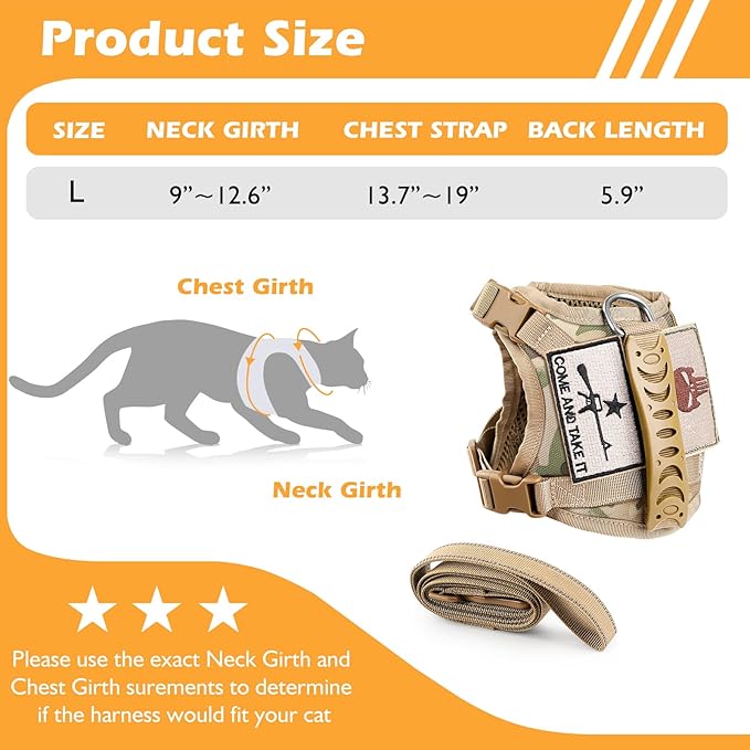Tactical Cat Harness and Leash Set for Walking Escape Proof, Adjustable Large Cat Vest Harness with Molle Patches, Soft Mesh Padding, Rubber Handle Easy to Control (Large, Beige)