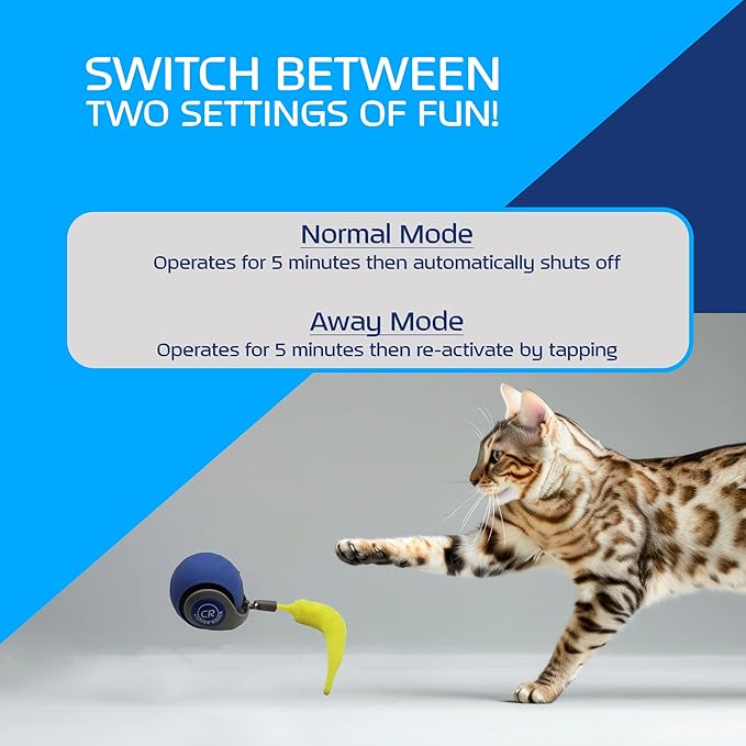 Interactive Ball Cat Toy, Version Bengal Blue with Neon Tail, 2-Speeds with Auto Shut-Off, Away Mode, for Indoor Adult Cats or Kittens