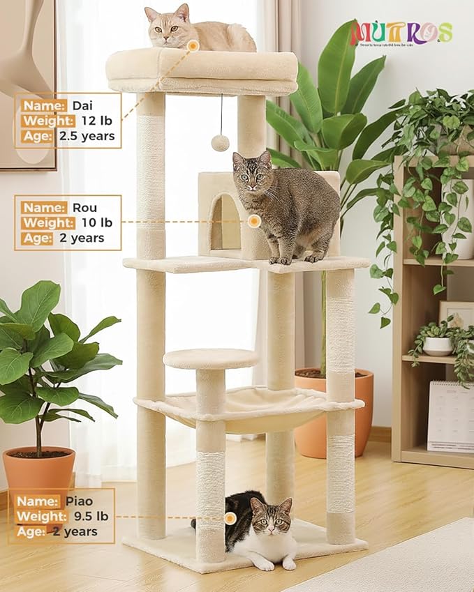 Cat Tree for Large Cats Adult with Metal Plush Big Hammock, 56.3" Cat Tower with 2 Door Condo House, 6-Tier Cat Shelves with Scratching Posts and Large Top Perch, Beige