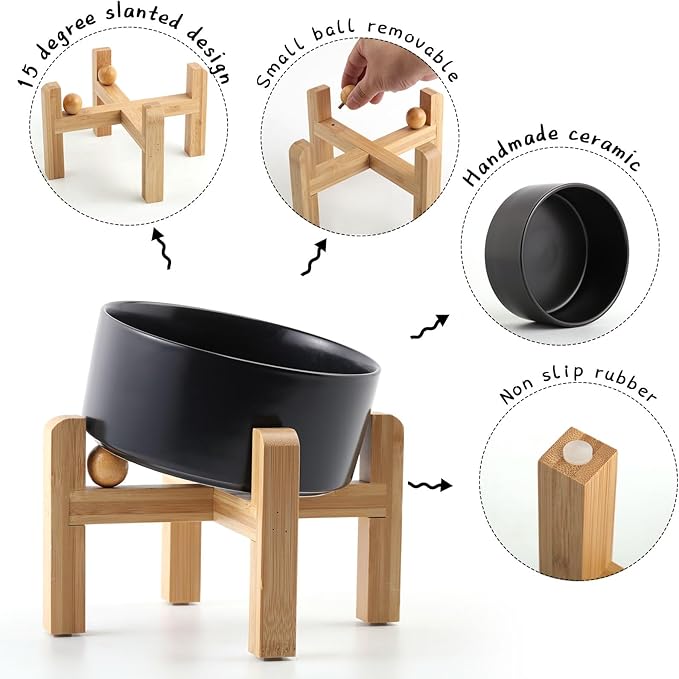 Petygooing Black Elevated/Raised 15°Slanted Ceramic Dog Bowl for Small and Medium Breeds, Tilted Anti Slip Pet Feeding Bowl,Food Water Dish with Stand for Cats and Dogs (28 OZ/3.6 Cups)