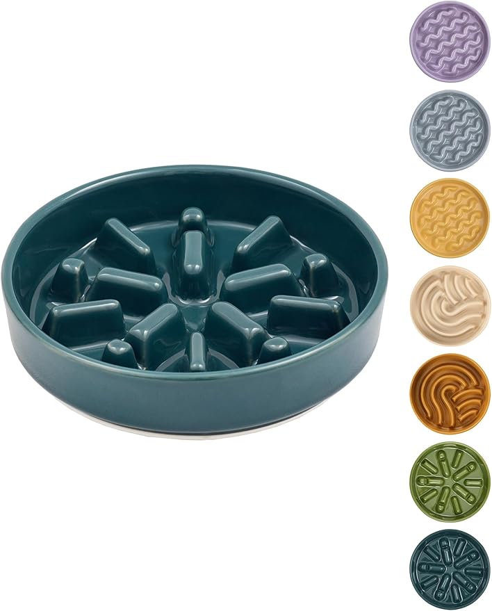 Ceramic Maze Dog Slow Feeder with Non-Slip Silicone Rim – Heavy-Duty Stoneware Bowl with Puzzle Pattern for Bloating & Obesity Prevention (Blue-M)