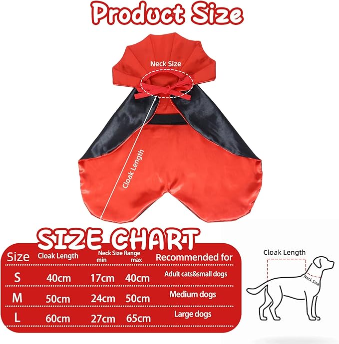 ROSAUI Halloween Pet Vampire Cape – 19.69″ Adjustable Red & Black Costume for Medium Dogs (Beagle, Shiba Inu, French Bulldog) Spooky Outfit with Stand-Up Collar (M Size)