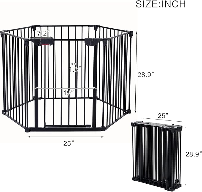 150" Wide Pet Gate Metal Safety Playpen - Fireplace Fence for Pet/Dog/House Stairs, 6-Panel, Black