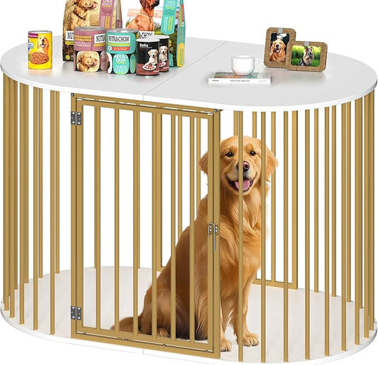 TVU 48 Inch Dog Crate Furniture, Heavy Duty Dog Kennel Indoor for Large Dogs, Oval Decorative Pet House End Table for Living Room, Bedroom, Hallway, 47.2" L x 27.6" W x 31.5" H, White, Gold