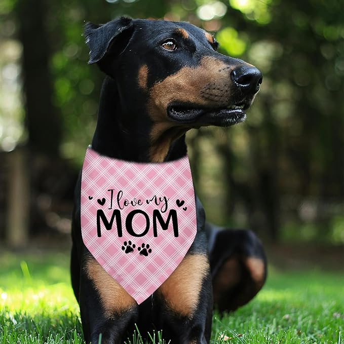 I Love My Mom Dogs Bandana Funny Cute Dogs Bandana Mothers Day Birthday Christmas Photo Prop Pet Scarf Accessories for Pet Dog Lovers Dog Mom Gifts - Red Plaid