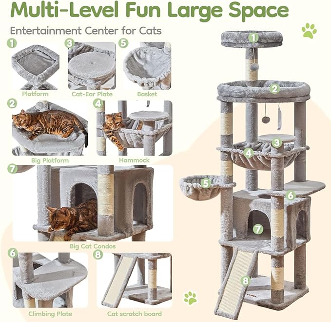 Taoqimiao 72 Inches Cat Tree for Large Cats, Multi-Level Tall Cat Tower, Widened Cat Condo with Large Scratch Board, 5 Scratching Posts, Metal Hammcock, Cozy Basket, Light Gray, MS045W