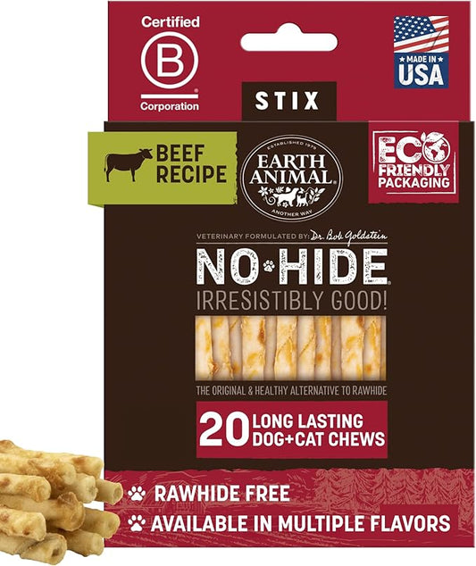 Earth Animal No Hide Stix - Long Lasting Rawhide Free Small Dog Chews Sticks, Beef - 20 Count Value Pack
