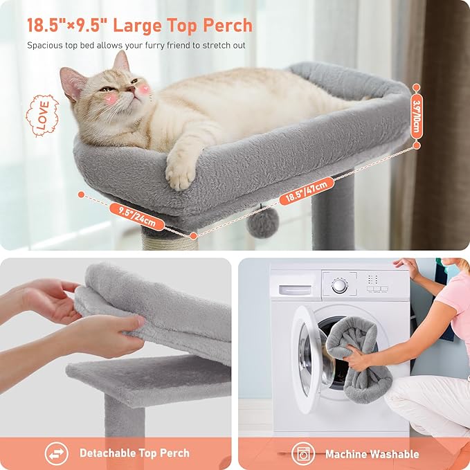 Cat Tree for Indoor Cats, 2 Cozy Condos with Spacious Top Perch, 56.3-Inch Multi-Level Cat Tower with Scratching Posts, 2 Caves, Plush Hammock and Climbing Ramp, Light Grey