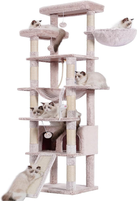 Heybly Tall Cat Tree, 78-inch Multi-Level Cat Tower for Indoor Cats, 2 Widened Plush Perches Cat Condo with Scratching Board and Big Caves, Muchroom HCT033MU