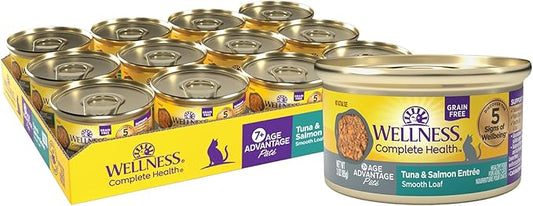 Wellness Complete Health Pate Senior Wet Cat Food, Natural, Protein-Rich, Grain Free, 3 Ounce, 24 Pack, (Tuna & Salmon Age Advantage)