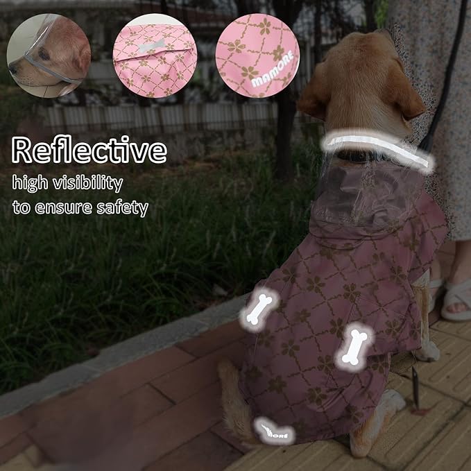 Waterproof Dog Raincoat, Adjustable Reflective Lightweight Pet Rain Clothes with Poncho Hood (Gold Cheery Blossoms Pink, Large)