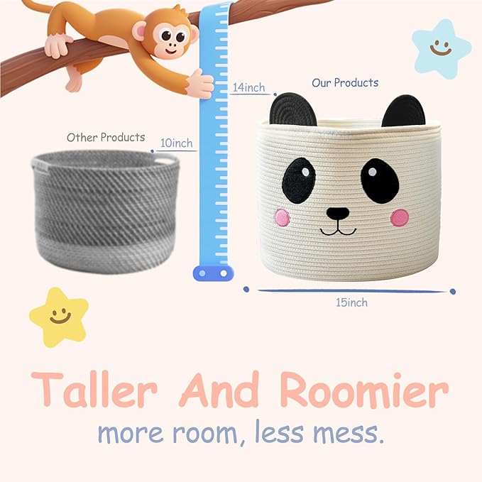 OMERAI Cotton Rope Storage Basket with Panda Design, 15"D x 12.6"H, Portable, Foldable, Multifunctional Laundry Basket