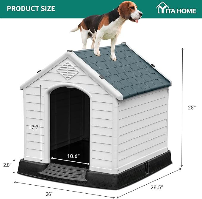 YITAHOME Plastic Dog House, Waterproof Indoor Outdoor Doghouse for Large or Small Dog, with Air Vents and Elevated Floor, Easy Assemble and Clean