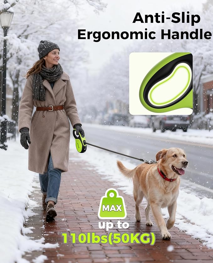 Retractable Dog Leash for Large Dog with Light Rechargeable, 16ft Heavy Duty Retractable Pet Leash with One-Button Control, Anti-Twist Protection, Reflective Leash for Large Dogs Up to 110 lbs