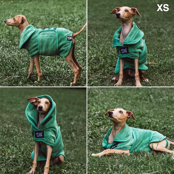 Tuff Pupper Fast Drying Dog Bath Robe | 800 GSM Plush Dog Towel Bathrobe/Dressing Gown | Super Absorbent Pet/Puppy Bathrobe | Adjustable Hood & Belly Strap | Super Soft | Fast Drying (XS, Green)