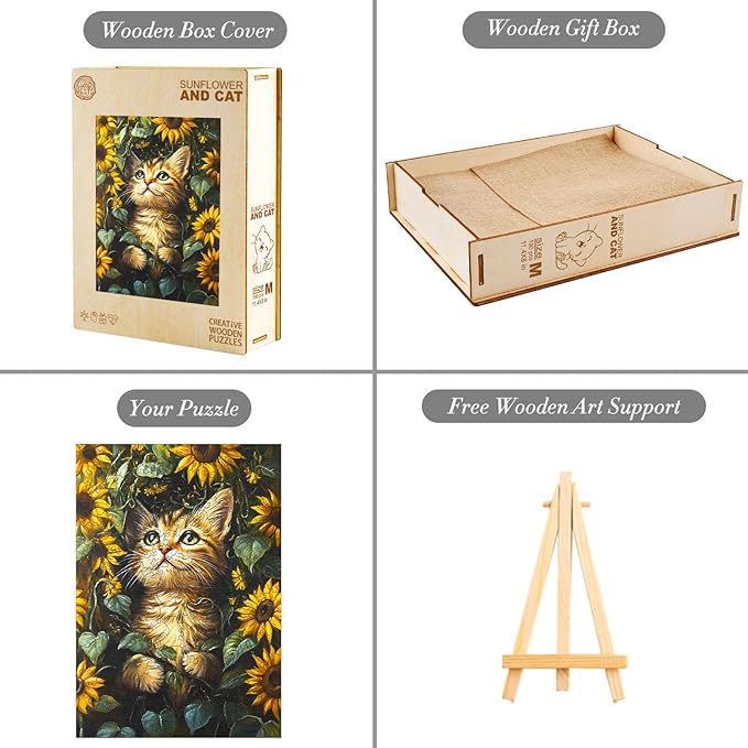 KAAYEE Wooden Puzzles for Adults, Sunflower and Cat 100 Piece Unique Animal Shape Puzzle, Cat Wood Puzzle for Adults, Creative Gifts for Friends/Family, Home Decor(8.5 * 5.9in)