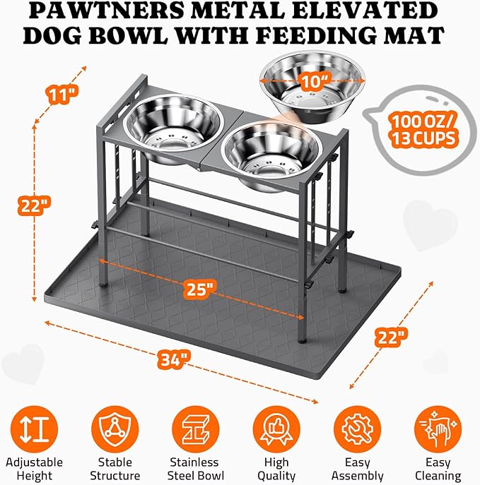 Elevated Dog Bowls - Metal Raised Dog Bowls for Large Breed with 3 Adjustable Heights, Perfect Sturdy Bowl Stands for Extra Large Sized Dogs, Grey with Feeding Mat