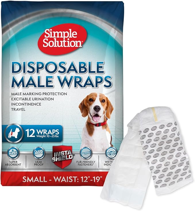 Simple Solution Disposable Dog Diapers Wraps for Male Dogs, True Fit, Absorbent, Leak Proof with Wetness Indicator, Puppy and Doggie Diaper for Peeing, For Small Pets, 12 – 19 Inch Waist, 12 Count