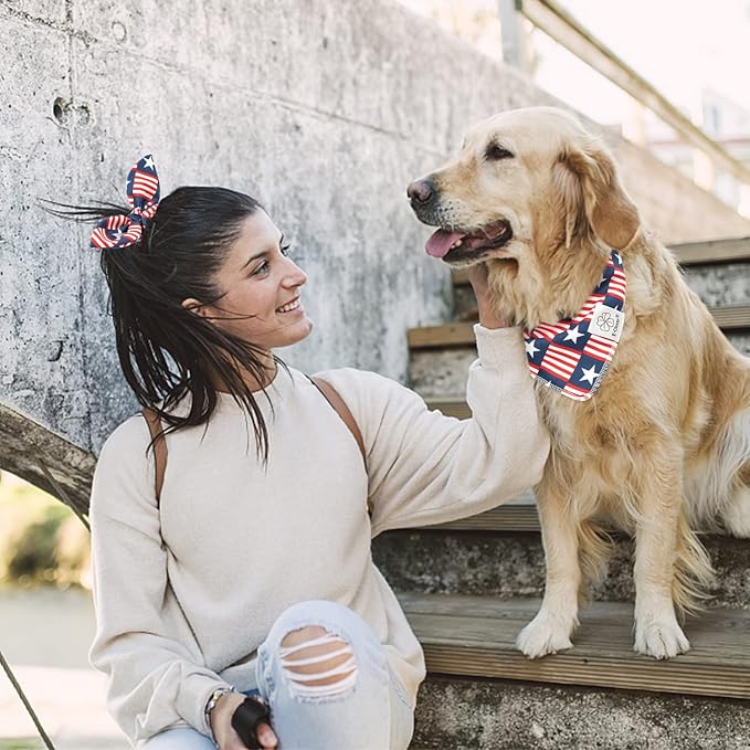 E-Clover 4th of July Dog Bandanas & Matching Scrunchie Set American Flag Dog Scarf Washable Patriotic Pet Bandana Kerchief Bibs for Medium Large Dogs Owner Gifts