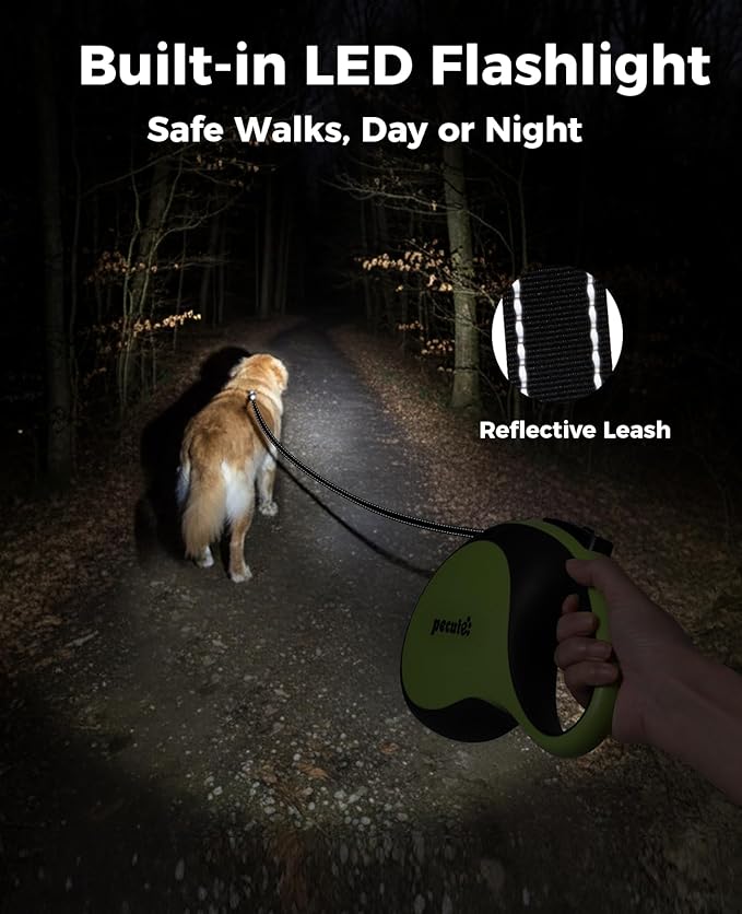 Retractable Dog Leash with Flashlight, 26ft Heavy Duty Retractable Pet Leash with Light, One-Button Control, Anti-Twist Protection, Reflective Leashes for Medium Large Pets Dogs Up to 110 lbs