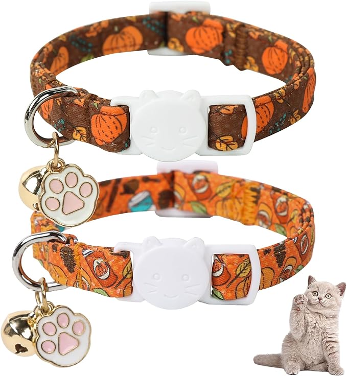 Unique Style Paws Pumpkin Kitten Collar,2 Pack Halloween Cat Collar with Bell & Cute Paw Pendant,Adjustable Orange Pumpkin Kitten Collars,Ideal Gift for Boy Girl Cats