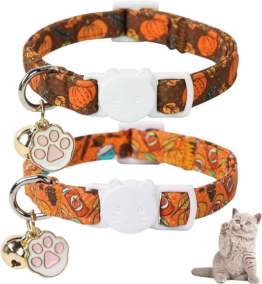 Unique Style Paws Pumpkin Kitten Collar,2 Pack Halloween Cat Collar with Bell & Cute Paw Pendant,Adjustable Orange Pumpkin Kitten Collars,Ideal Gift for Boy Girl Cats