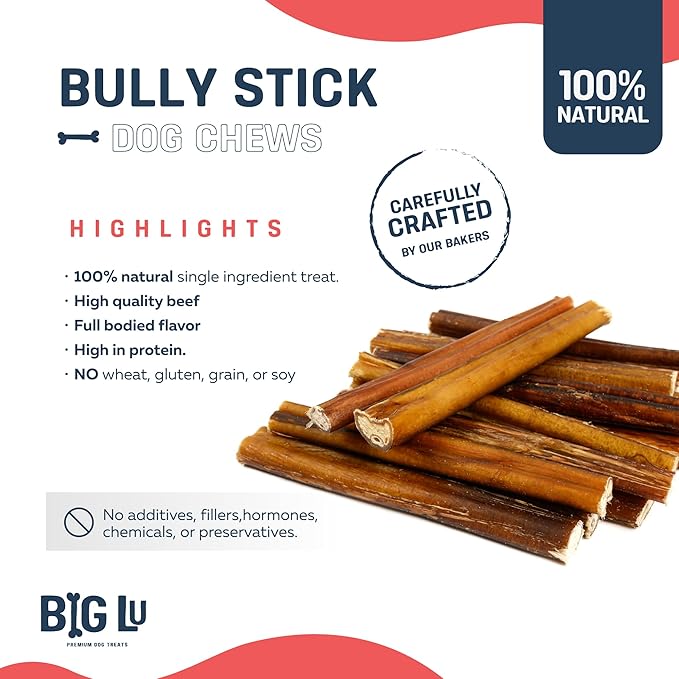 Big Lu - 6” Jumbo Bully Sticks, 10 Count, 100% Grass-Fed Beef Chews, Fully Digestible, Long-Lasting Treats for Aggressive Chewers, Natural Single-Ingredient Chews for Medium & Large Dogs