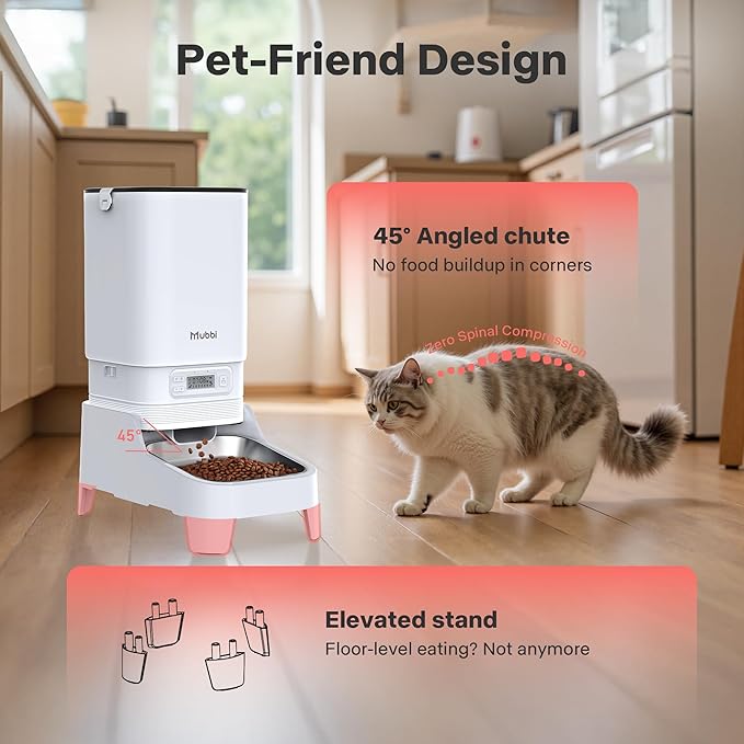 Automatic Cat Feeder with Elevated Stand, 7L/29 Cups Automatic Dog Feeder, Cat Food Dispenser, No-Jam, Up to 6 Meals for 2-15 mm Dry Food, Stainless Steel Bowl, No Spinal Pressure