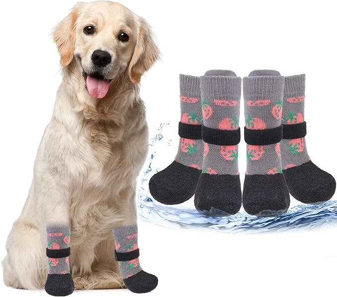 PUPTECK Anti Slip Dogs Shoes for Hot/Cold Pavement, Senior Booties, Rubber Boots & Paw Protectors for Small Medium Large Size Dogs to Prevent Licking, Grippy Socks for Hardwood Floors, Strawberry S