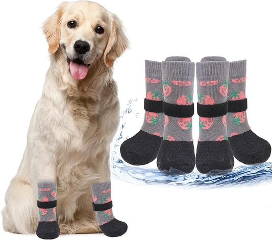 PUPTECK Anti Slip Dogs Shoes for Hot/Cold Pavement, Senior Booties, Rubber Boots & Paw Protectors for Small Medium Large Size Dogs to Prevent Licking, Grippy Socks for Hardwood Floors, Strawberry L