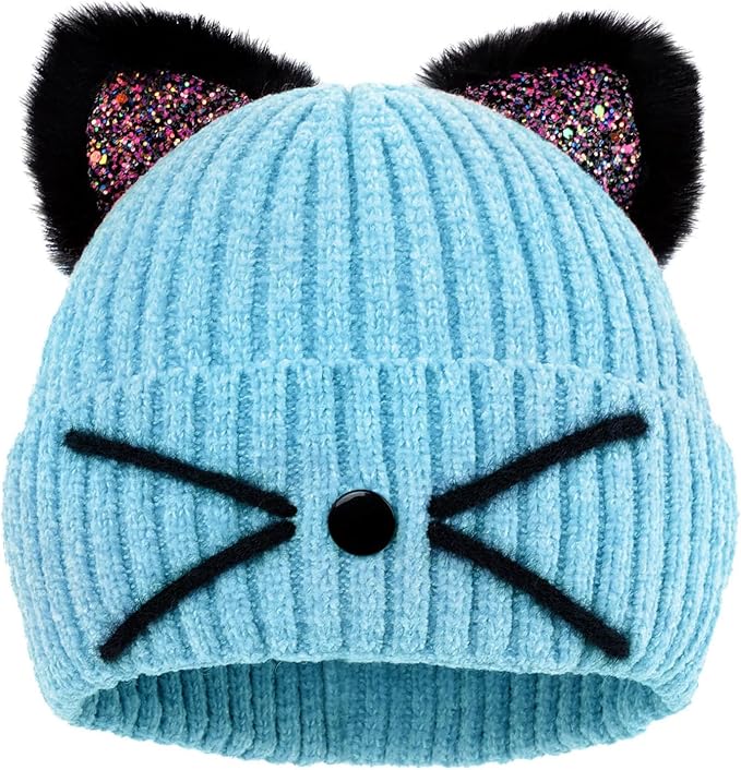 Kids Girls Cat Ear Hat Winter Warm Knit Beanie Cute Ski Skull Cap for Ages 7-12