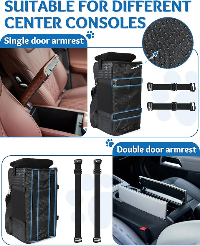 Center Console Dog Car Seat, Pet Car Seat, Armrest Middle Console Booster Travel Carrier for Small Dogs and Cats(Black Leather)