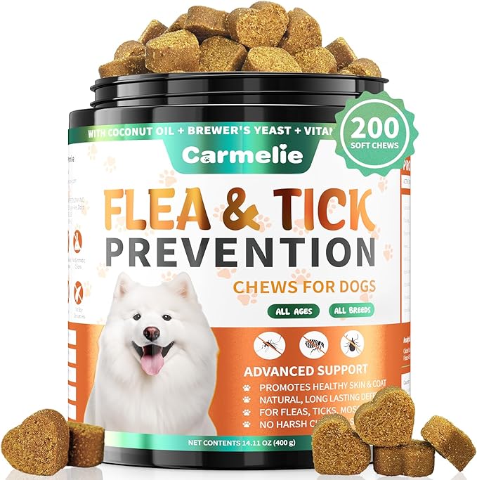 Flea and Tick Prevention for Dogs - 200 Soft Chewables Natural Dog Flea and Tick Support - Oral Flea Supplement for All Breeds & Size Dogs, Puppy Flea Protection - Duck Flavor