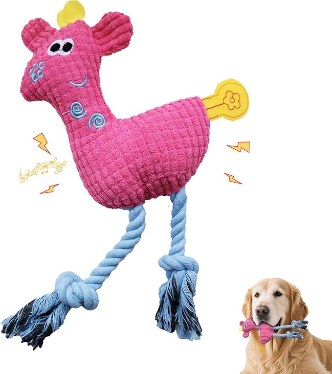 Squeak Plush Dog Toys for Small & Medium Breeds, Chew Rope to Keep Them Busy for Puppy Teething Chewing, Interactive Indoor/Outdoor Play, Best Pet Gift, Pink Deer