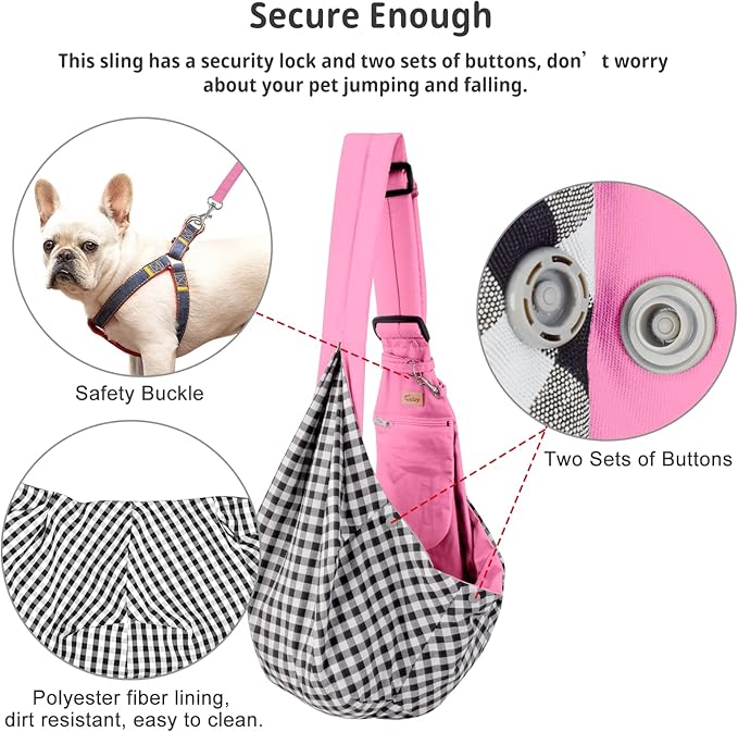 CUBY Dog and Cat Sling Carrier, Hands Free Reversible Pet Papoose Bag, Soft Pouch Adjustable, Suitable for Puppy Cats for Outdoor Travel (Pink Classic, S-Adjustable Strap)