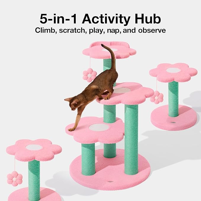 VETRESKA 39.8" Cat Tree Multi-Level Cat Tower with Platform, Sisal Scratching Posts with Hanging Blossom Toy, Indoor Cats Furniture Activity Center for Large Cats Kittens, Pink Flora