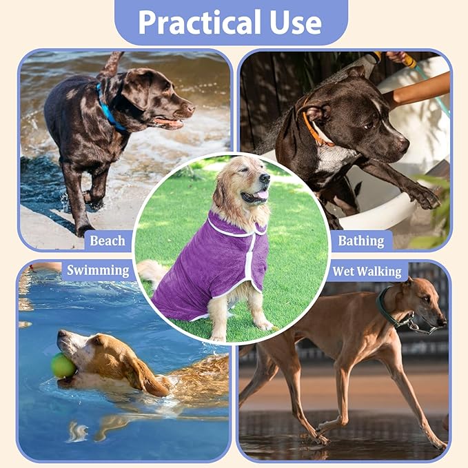 Dog Bathrobe Towel Dog Drying Coat - Super Absorbent Towels Bath Robe for Dogs Large, Soft Adjustable Collar & Belly Strap Fast Drying Coat Pet Cat Bath Robe (Violet, 3X-Large)