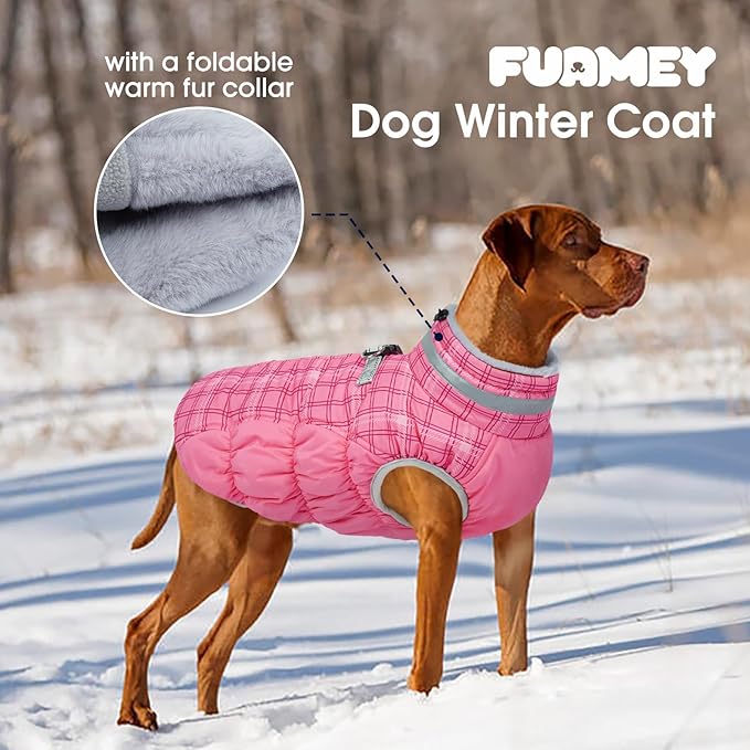 FUAMEY Dog Coat for Small Dogs,Waterproof Dog Winter Jacket with Harness Built in Puppy Cold Weather Coats Reflective Pet Vest with Zipper Warm Fleece Dogs Snowsuit Windproof Rose Plaid S