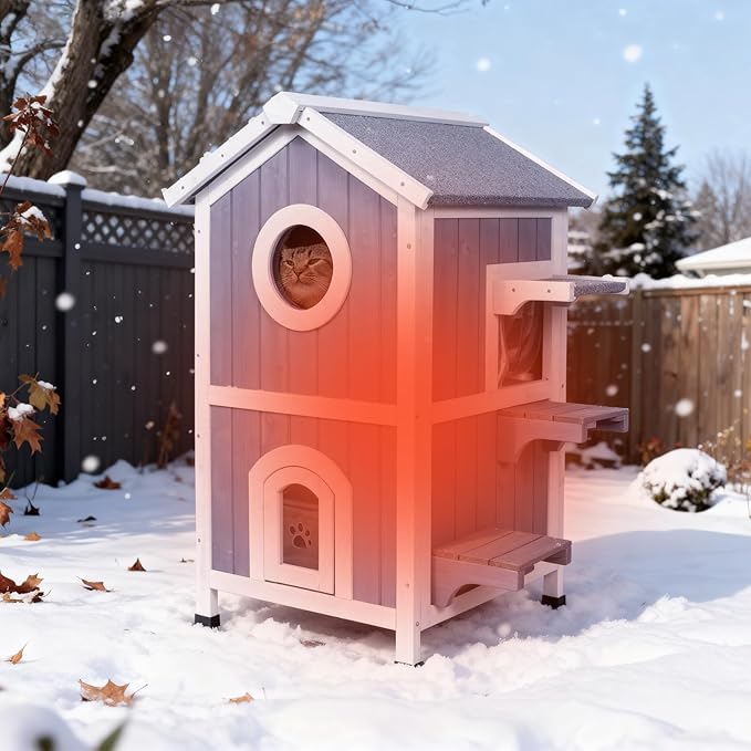 GEGURI Outdoor Heated Cat House Winter-Proof, Two-Story Insulated Shelter for Feral Cats with Thermal Layer, Removable Roof, Balcony & Escape Door