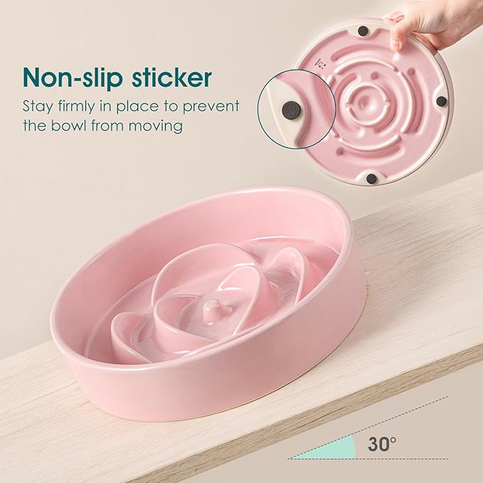 vancasso Slow Feeder Dog Bowl, 1.5 Cups Ceramic Slow Feeder for Medium Breed, Puzzle Maze Food Dog Bowl for Fast Eater, Pink