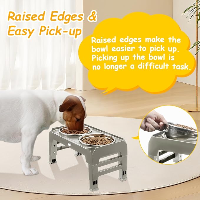 Elevated Dog Bowls 3 Height Adjustable Raised Bowl Stand with 25oz Stainless Steel Dog Food Bowls Anti-Slip for Small Dogs Adjusts to 7.5", 6", 2.75", Grey