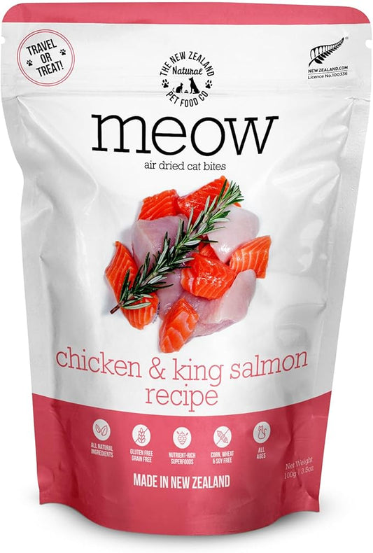 The New Zealand Natural Pet Food Co Meow e - Chicken & King Salmon Recipe, Dry Cat Food Use as a Complete Diet, Topper, Mixer, or as Cat Training Treats, All Life Stages, 3.5 oz