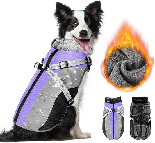 SlowTon Dog Jacket with Harness Built in - Waterproof Fleece Winter Warm Dog Coats for Small Medium Dogs, Reflective Adjustable Furry Puppy Vest Clothes for Outdoor Walking (PU, L)