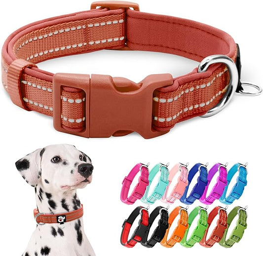 azuza Reflective Dog Collar, Soft Neoprene Padded Pet Collar with ID Tag Ring, Adjustable for Large Dogs,Rust Red,L